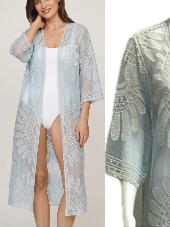Rebellion Other - Rebellion Sheer Mesh Embroidered Beach Cover Up Cardigan Size M Blue Long Duster